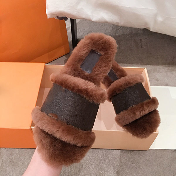 

2021 Fashion Women's Fur Slippers With Real Wool Real Calfskin Slide Sandals Winter Warm Boots With Box, Brown 2