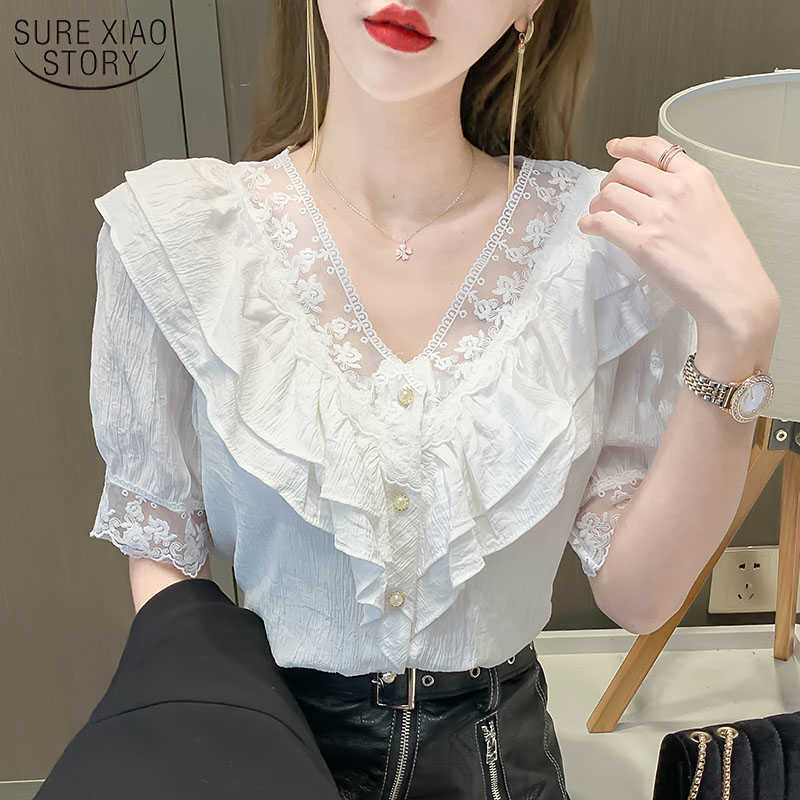 

Summer V-neck Women Blouse Stitching Lace Embroidered Chiffon Blouse Elegant Tops Single Breasted Female Blusas 13909 210527, White