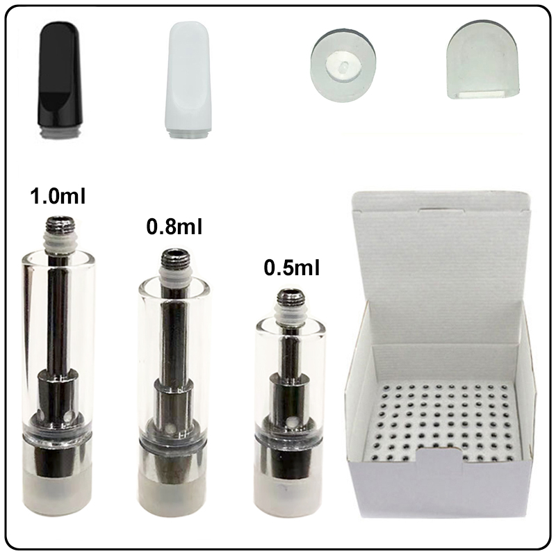 

0.5ml 0.8ml 1.0ml Ceramic Vape Carts Atomizers TH205 Cartridges White/Black Mouthpieces 510 Thread Glass Tank With Silicone Cap&Bottom
