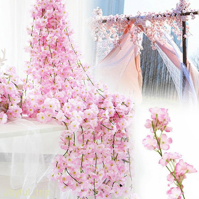

Silk Sakura Cherry Blossom Vine Lvy Layout Home Party Rattan Wall Hanging Garland Wreath Slingers Wedding Arch Decoration Hot, White