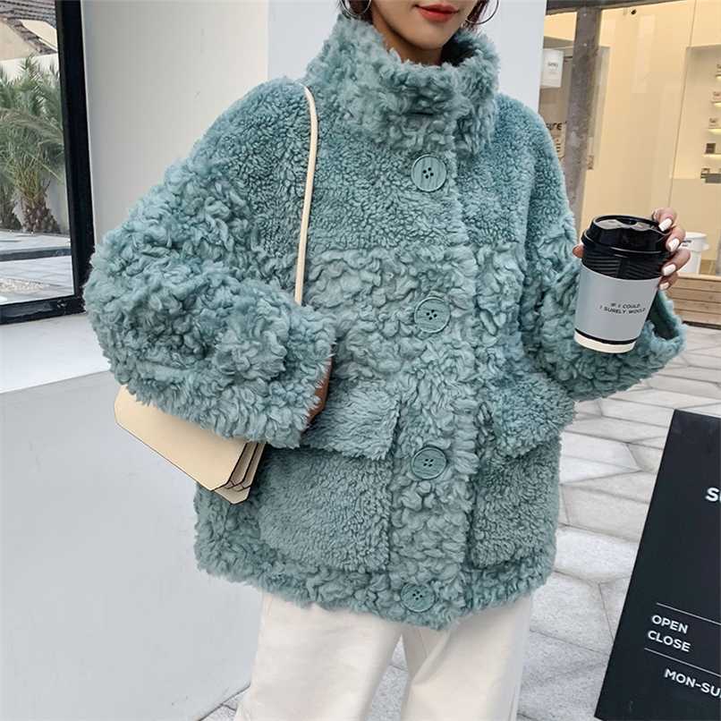 

Ptslan Genuine Wool Soft Winter Button Stand Collar Jackets Real Shearing Sheep fur Coats Winter Patch PocketP5859 211019