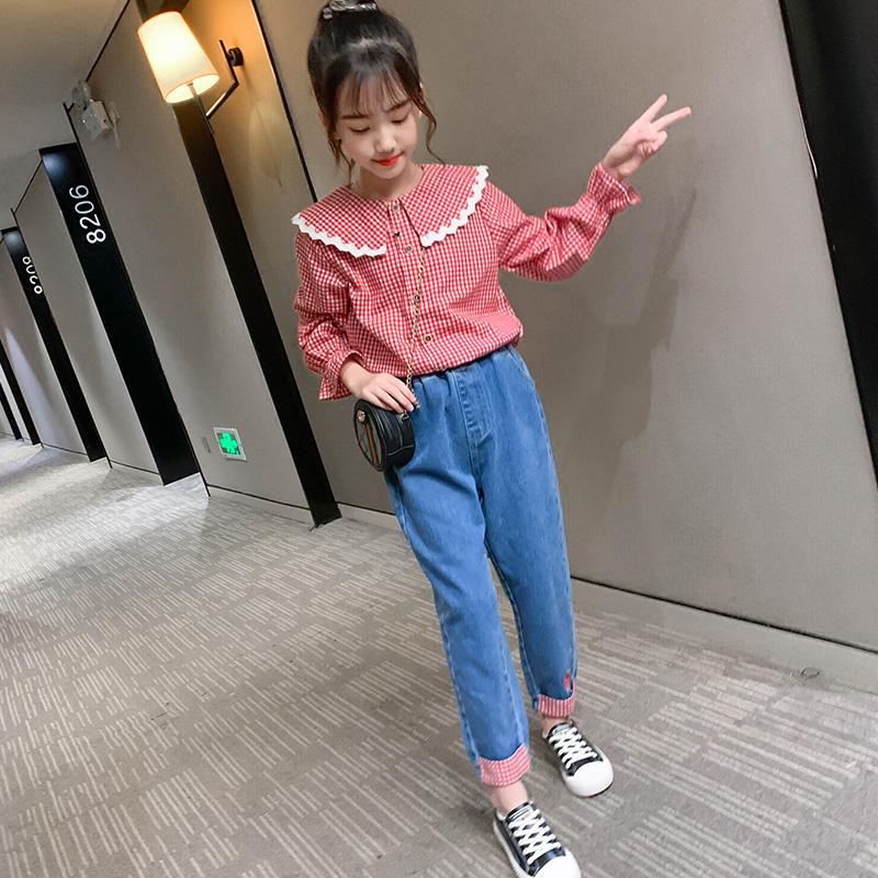 

Clothing Sets Baby Girls Clothes Set Autumn Lace Plaid Shirt +jeans 2 Pieces Kids Sweet Outfit Children 6 8 Y, White