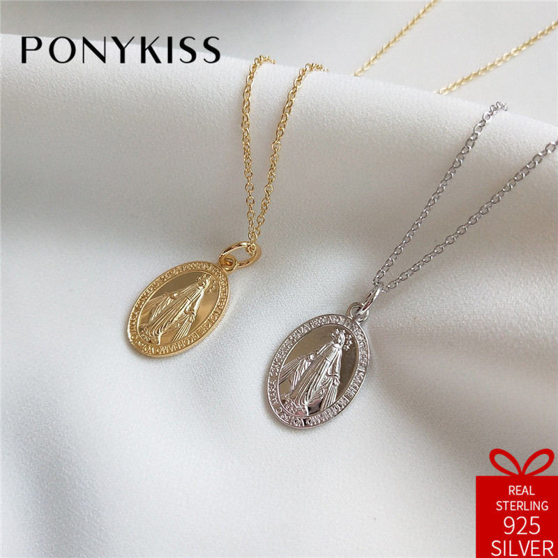 

PONYKISS Vintage 100% 925 Sterling Silver Trendy Chic Round Maria New Pendant Necklace Chain Lady Party Fine Jewelry Accessory Q0127