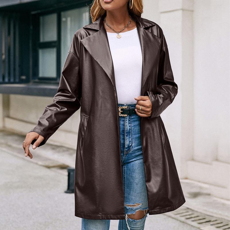 

Women' Jackets Lapel Collar Faux Leather Long Coat Bandage Brown Autumn And Winter Cardigan Outwear Coats, As pic