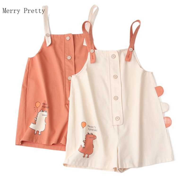 

Women Cotton Overalls Pants Summer Harakuju Cartoon Dinosaur Print Sleeveless Casual Loose Playsuits Cute Bf Bib Pant 210526, Orange