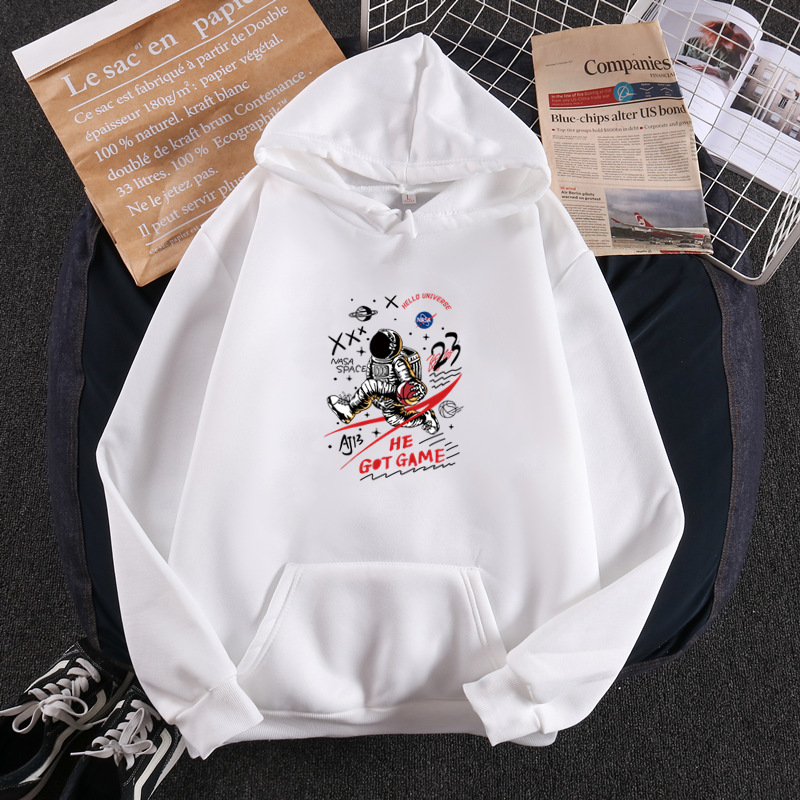 

Autumn and winter new astronaut sports pattern printing plus fleece with hat leisure hoodie long sleeve couples outfit hooded hoodies, Beige