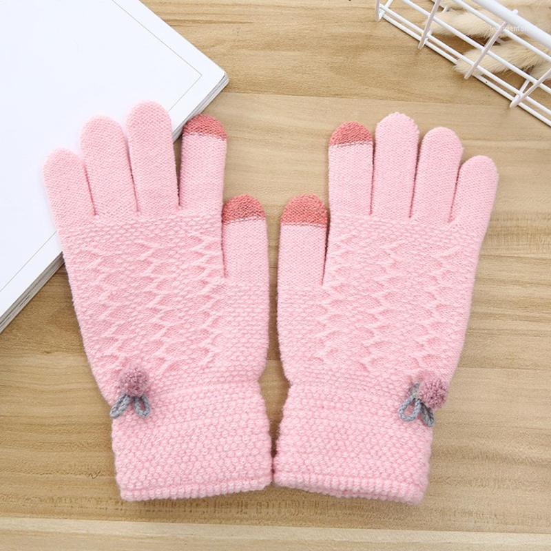 

Five Fingers Gloves Fashion Winter Women Touch Screen Pompom Thermal Wool Knitted Full Finger Mittens For Girls1