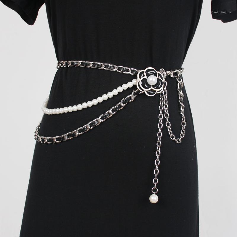 

Belts Women Elegant Pearls Chain Belt Spring Summer 2022 Designer Fashion Black White Floral Buckle Waistband Cinturon Mujer 102 Cm, Black;brown