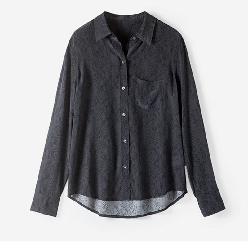 

2021 New Incio Da Primavera De Seda Feminina Blusa Preta Jacquard Snake Impresso Magro Sexy Manga Longa Camisa Superior Com Bolso Yr1e, Black