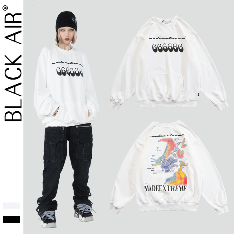 

Blackair American street fashion brand thermal imaging printing washing water used long sleeve round neck loose men's and women's sweater, White