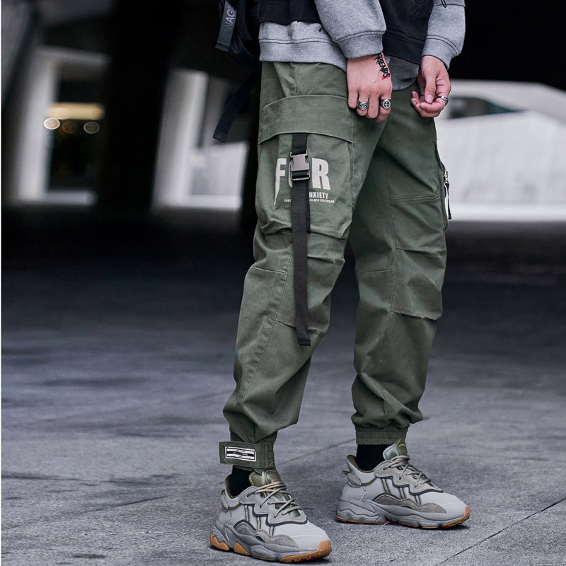 

New Pocket Ribbons Cargo Hare Joggers Men's Pants 2021 Autumn Casual Hip Hop Harajuku Streetwear Man's Sweatpants 309y, Army green.