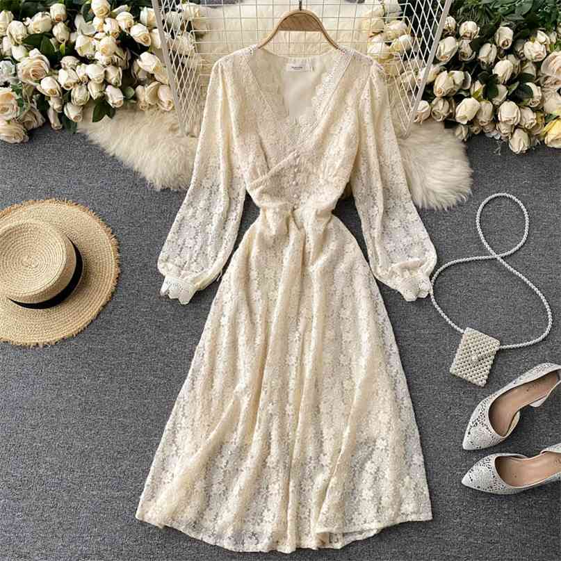 

Chic fairy sweet lace dress spring autumn V-neck long sleeve high waist slim midi party holiday robe femme 210603