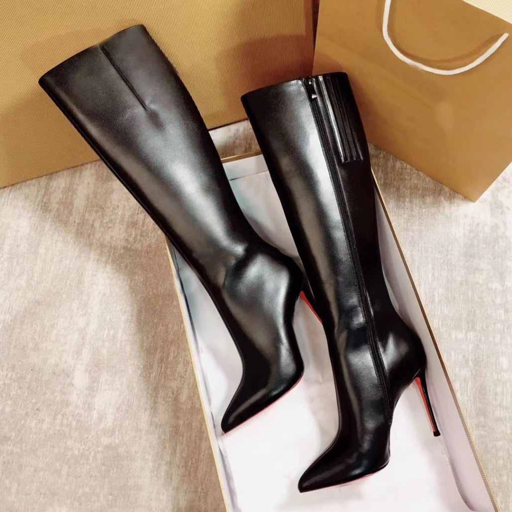 

Winter Women Dress Boots Red Bottom High Heels design Red Soles Black Leather Boots Pigskin inside Tall Boots Women Wedding Dress Gift free