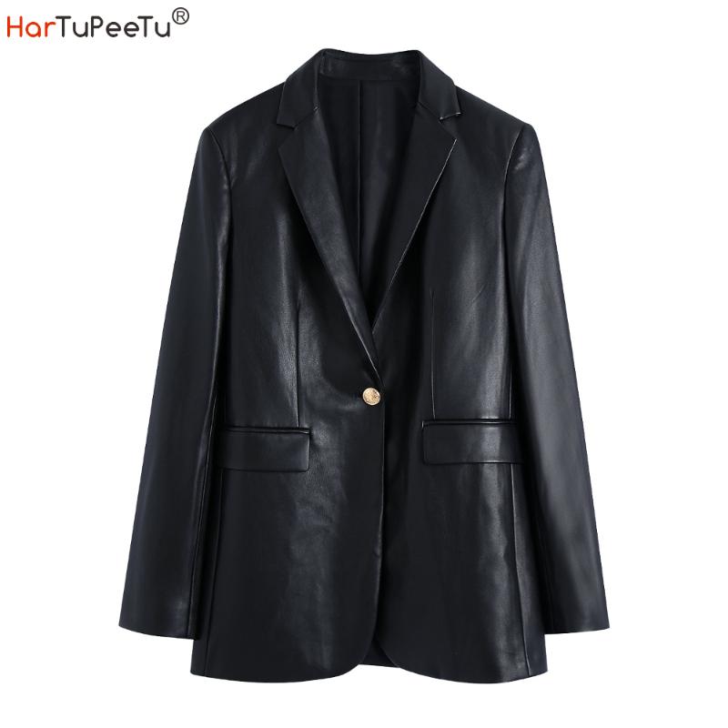 

Women's Leather & Faux Jackets Autumn Long PU Black Elegant Outwear Fall Spring Loose Fitted Blazer Coat With Pockets