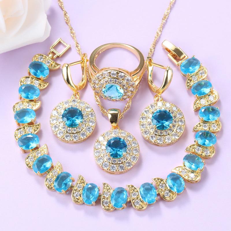 

Earrings & Necklace Women-Girls Fashion Party Gold Color Jewelry Sets Round Sky Blue CZ And Ring Bracelet Gifts, As pic