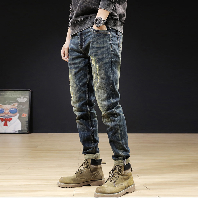 

2021 New Italian Style Fashion Men Jeans High Quality Retro Dark Blue Elastic Cotton Ripped Denim Trousers Vintage Designer Long Pants 52g2