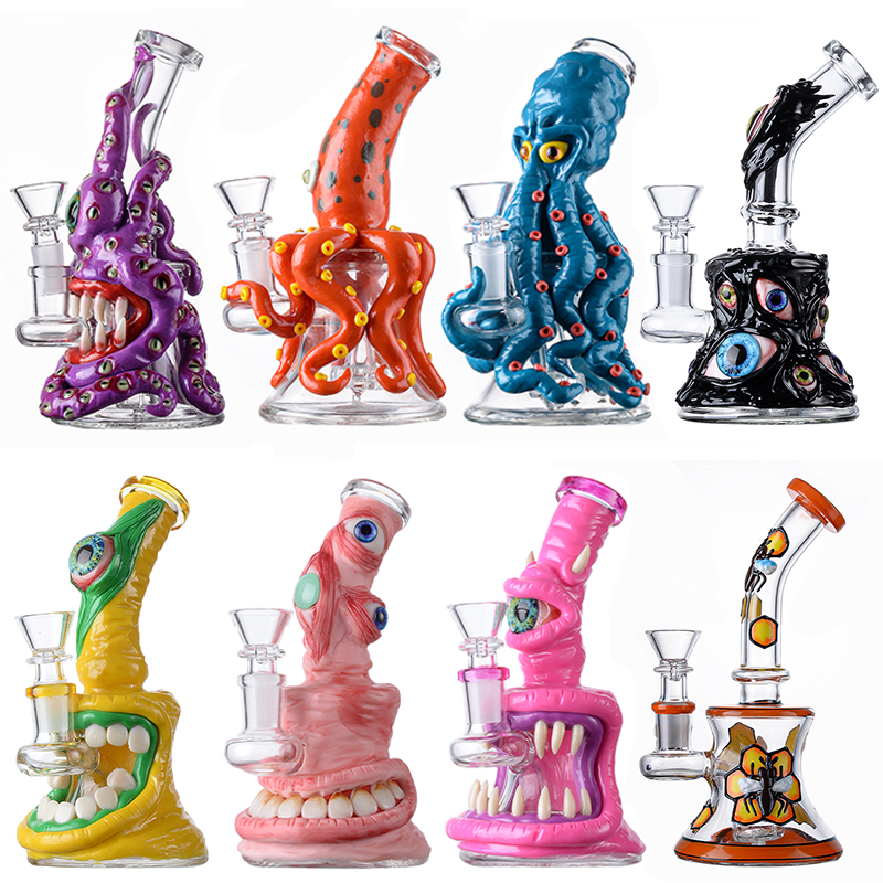 

In Stock Halloween Style Hookahs Mini Small Oil Dab Rigs Uniqe Glass Beaker Bongs Showerhead Perc Percolator Eye Handcraft Water Pipes 14mm