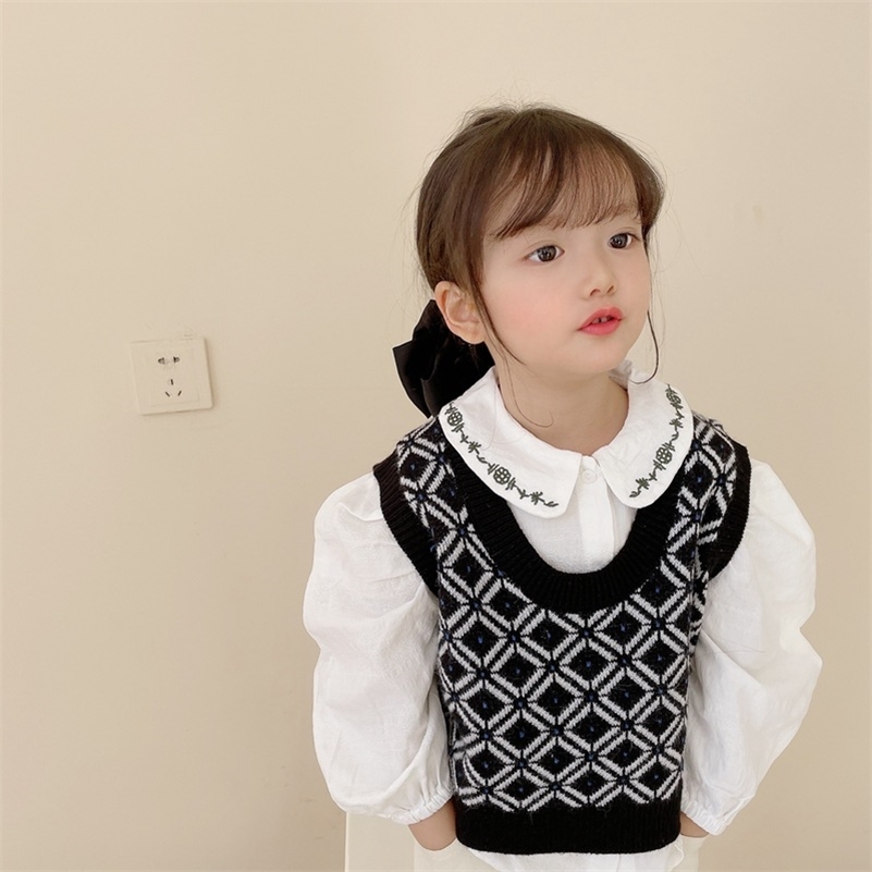 

Boys and girls autumn knitted plaid sleeveless waistcoats children all-match vest sweater 210708, Black
