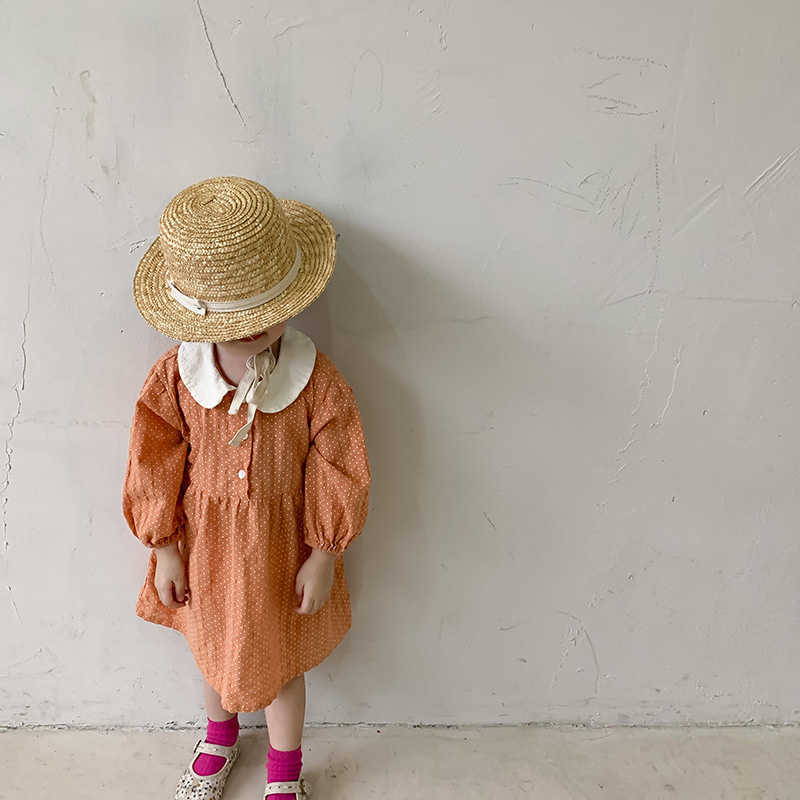 

Spring Kids Cotton Princess Dresses For Girls Baby Girl Dot Doll Collar Long Sleeve Loose Dress Clothing 210615, Green