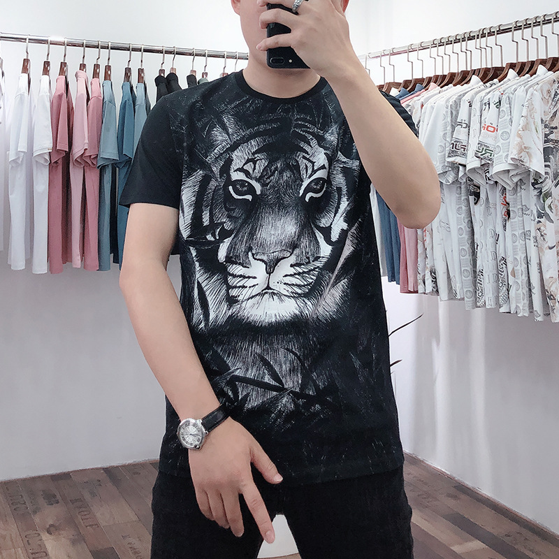 

Men's Korean 2021 summer floral black youth leisure trend tiger head print Pullover short sleeve t-shirt men
