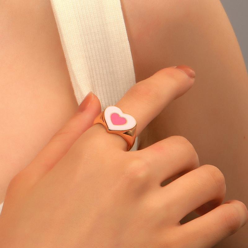 

Cluster Rings Sweet Cute Double Heart For Women Enamel Statement Wide Gold Color Ring Design Stylish Jewelry Gift Party WC044, Golden;silver