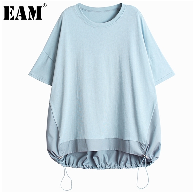 

[EAM] Women Blue Drawstring Big Size Irregular Casual T-shirt Round Neck Half Sleeve Fashion Spring Summer 1DD7948 210708, Black