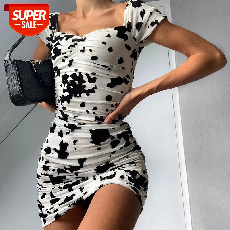 

Cow Pattern Low Cut Square Neck Women Dresses Fashion Sexy Women Short Sleeve Short Mini Dress 2020 Black White Party Pencil #sY9P, Black;gray