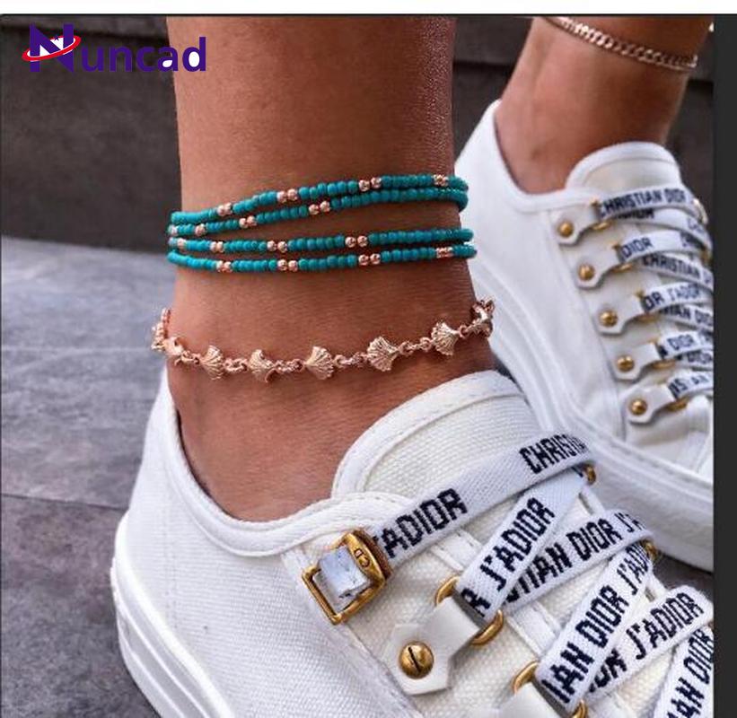 

Anklets 2021 Fashion Creative Handmade Pattern Blue Bead Shell Alloy Casual Party Play 5 Piece Set, Red;blue