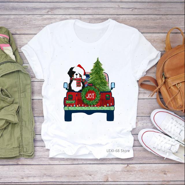 

funny christmas women t shirts dogs car print tshirt clothes 2021 vogue shirt female harajuku kawaii for girls, White