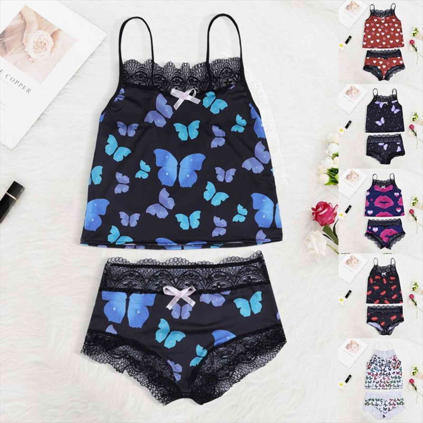 

pajamas satin pants womens sleepwears nightwear pyjamas set lace up sleeveless strapless pijamas lingerie, Black;red