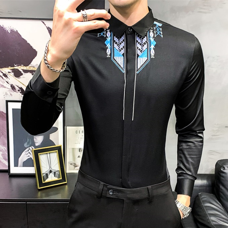 

New Solid Color Embroidery Camisas Para Korean Clothes 2021 Spring British Style Social Long Sleeve Shirt Men 4r74, Black