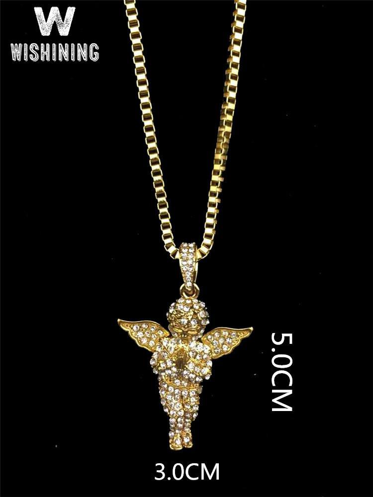 

Pendant Necklaces Mens Vintage Angel Wing Chain Gold Color Iced Out Necklace