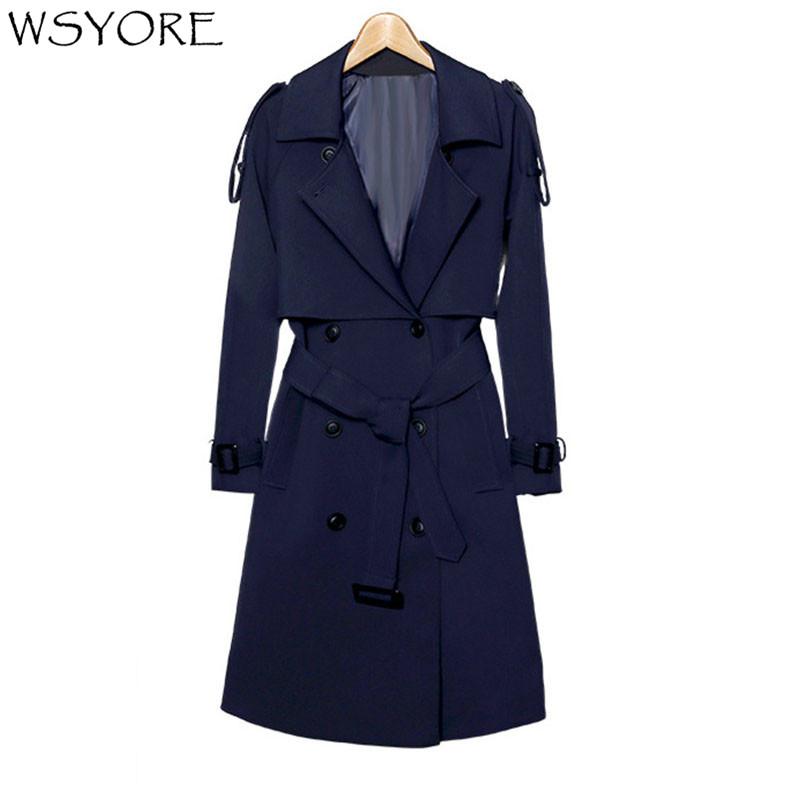 

Women' Trench Coats WSYORE Korea Style Women Spring Autumn Double Breasted Slim Mid-long Coat Female Casual Elegant Office Lady NS580, Navyblue