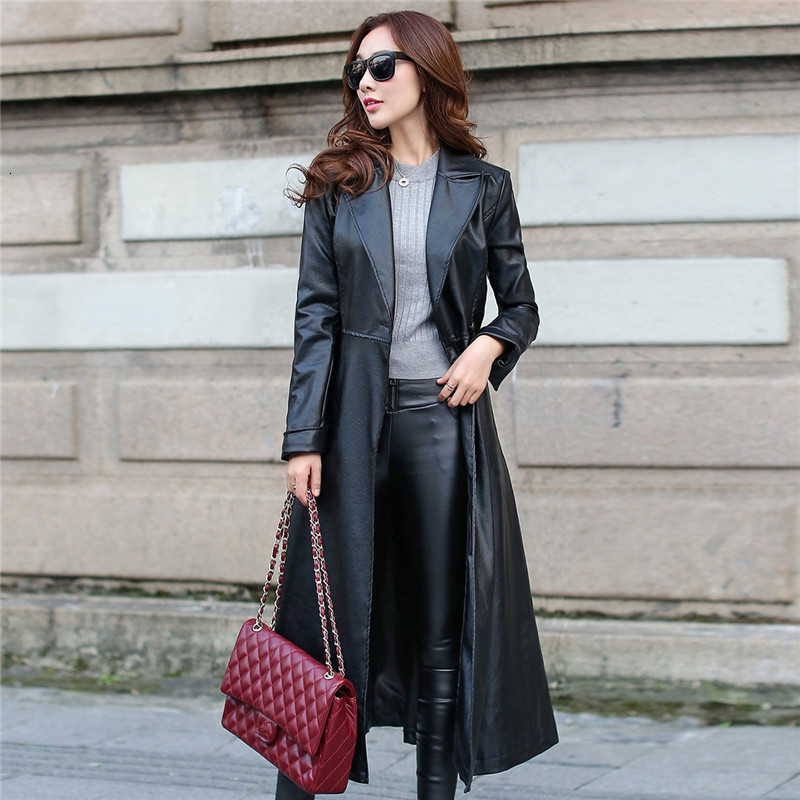 

2021 New Women Quality High Pu Leather Jacket Slim Long Trench Coat Female Black Winterjackets Jaqueta Couro Feminina Wxf274 29y1, Black add woolen