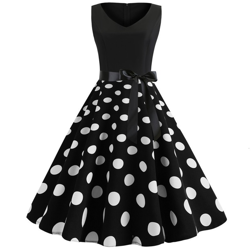

2021 New Summer Dot Print Vintage Women Black Patchwork Sleeveless v Neck Elegant Party Es Casual Plus Size Midi Sashes 81xo