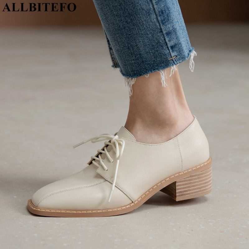 

ALLBITEFO high quality genuine leather women heels shoes thick heel fashion cow leather women's high heel shoes high heels 210611, As picture