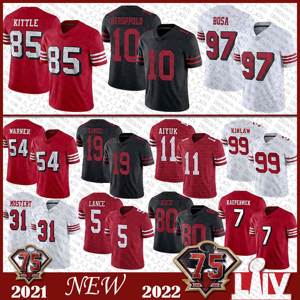 

85 George Kittle 54 Fred Warner 5 Trey Lance Football jersey 97 Nick Bosa 11 Brandon Aiyuk 10 Jimmy Garoppolo 7 Colin Kaepernick 19 Deebo Samuel Javon Kinlaw Joe Montana, Shown
