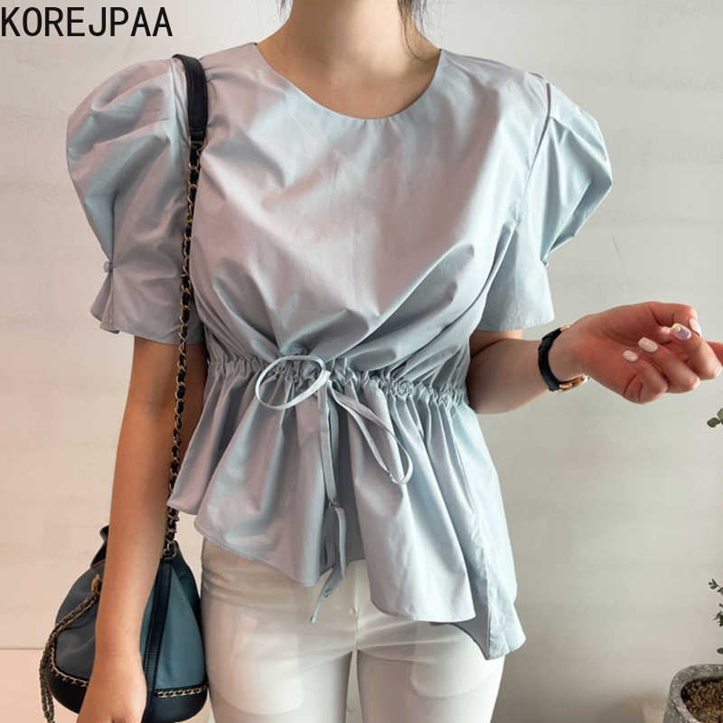 

Korejpaa Women Shirt Summer Korean Chic Gentle Niche Design Round Neck Puff Seeves Drawstring Tie Waist Irregular Blouses 210526, White