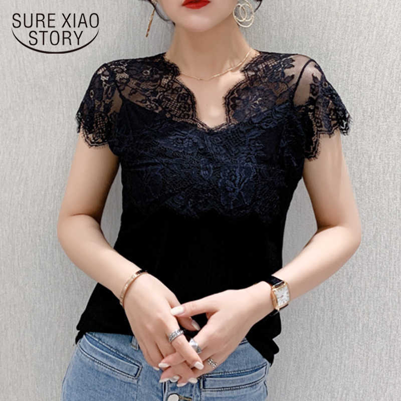 

Spring and Summer Women' Shirts Sexy V-neck Sleeveless Embroidery Lace Shirt Hollow Out Slim Wild Fashion Solid Vest 9893 210527, Black