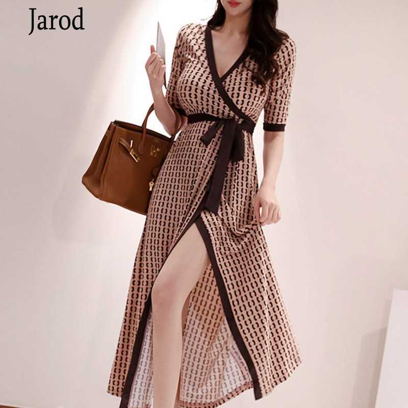 

Summer Korea Sexy V-Neck Maxi Dress Women's High Waist Sashes Vintage Print Split Casual Long Vestidos 210526, Picture color