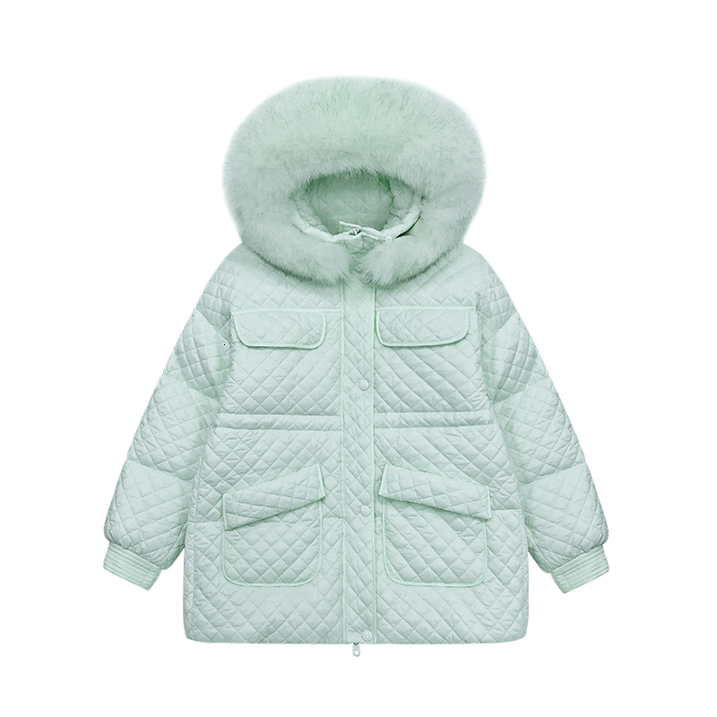 

2021 New Winter Women Large Natural Fur Collar Hooded Coat White Duck Down Jacket Solid Argyle Casual Parkas Overcoat Cskf, Black