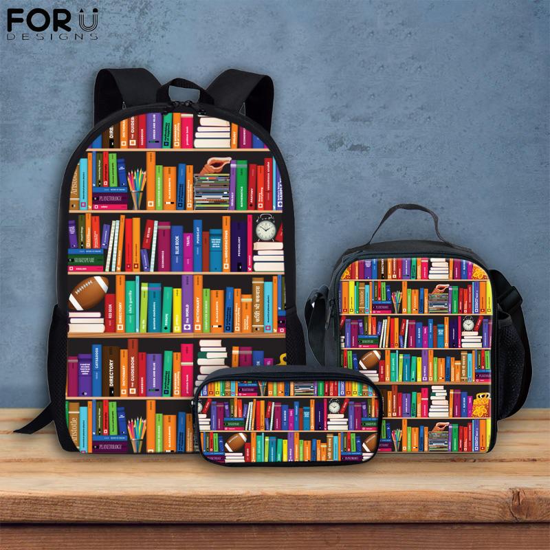 

School Bags FORUDESIGNS Bookshelf Art Design Bag For Teen Girls Boys Canvas Mini Crossbody Primary Junior Child Bookbags Set