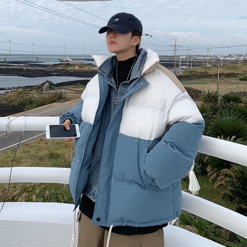 

2021 New Winter Men's Parka Warm Fashion Denim Casual Stand Collar Short Coat Men Streetwear Cotton Thicken Jacket Mens Clothes Uq8j, Sky blue