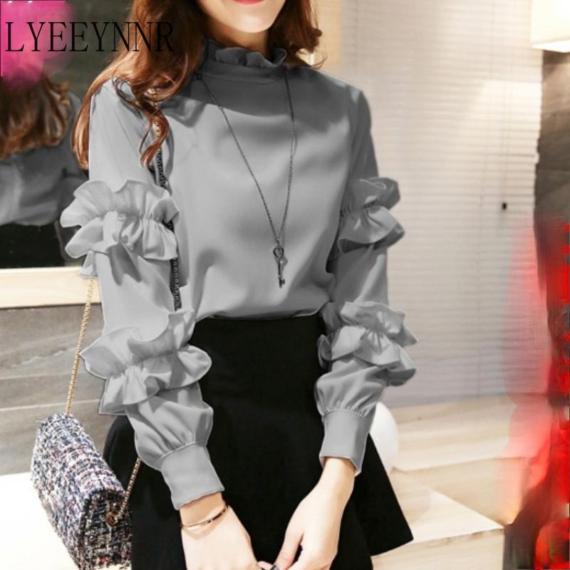 

Women' Blouses & Shirts LYEEYNNR 2021 Autumn Long Sleeve Blouse Women Solid Color Stand Collar Elegant Korean Fashion Ladies Tops, White
