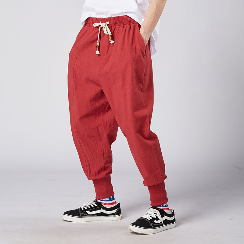 

2021 New Men Harem Japanese Casual Cotton Linen Trouser Man Jogger Chinese Baggy Pants Fn4f, Burgundy