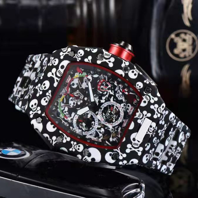 

Top Brand Luxury Quartz Copy Richard Watch Case 6Pin Seconds Rubber Rubber Strap Wristwatch Male Clock Relogio Masculino, Black