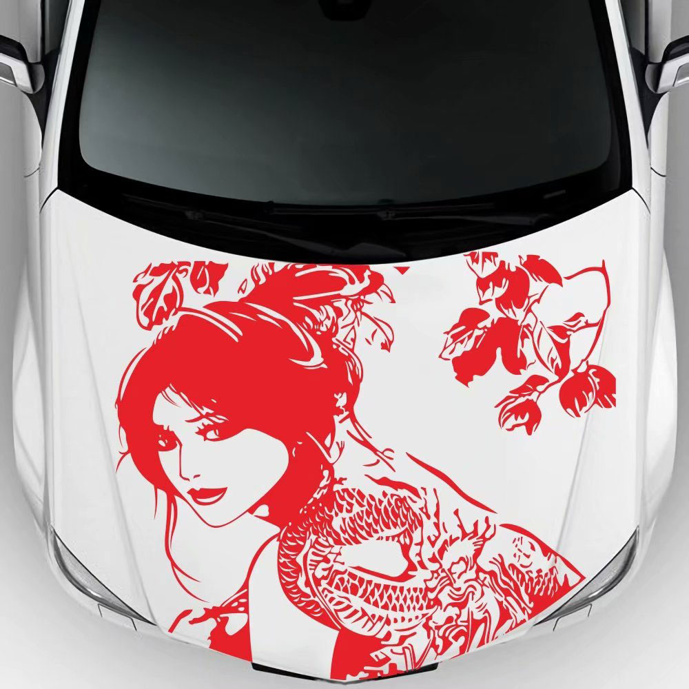 

Japanese Girl Dragon Car Body Sticker Hood Pull Flower Decals, White