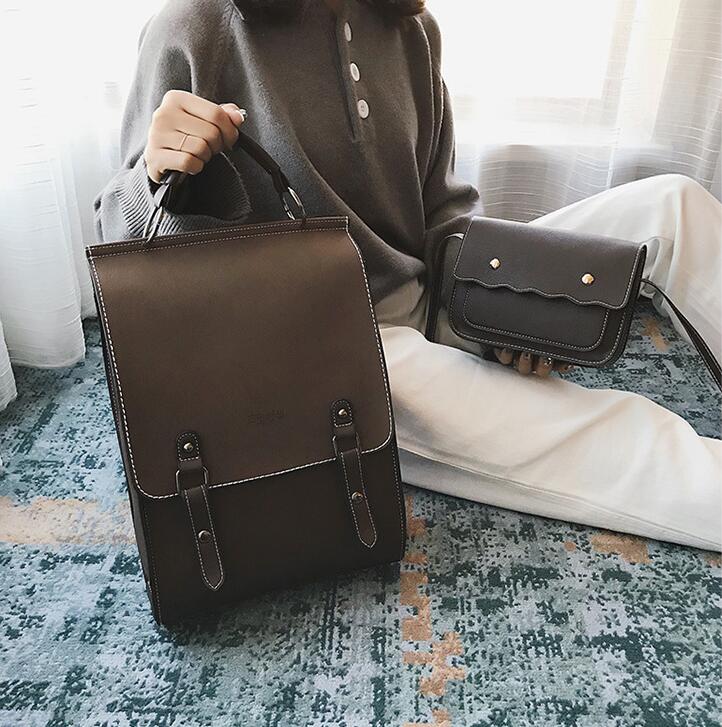 

Wholesale ladies leathers shoulder bags college wind matte retro handbag two-piece large capacity vertical student bag simple joker black leather travel backpack, Black 7830