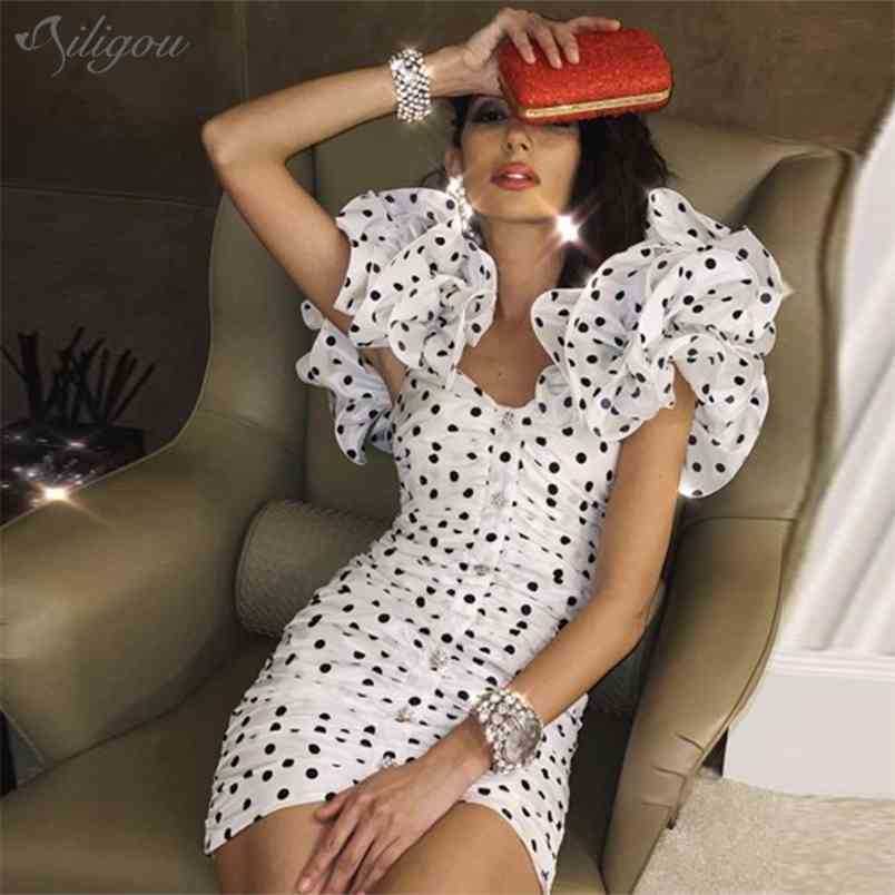 

High Quality Ruffled Polka Dot V-neck Mini Dress Women Elegant Party Halter Sexy Tight Vestidos 210525, White