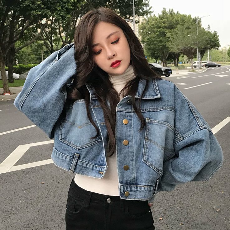 

Women's Leather & Faux spring women denim shirt batwing jacket lapel sleeve button back design release ladies top chic blouse LPTL, 1# shoe box